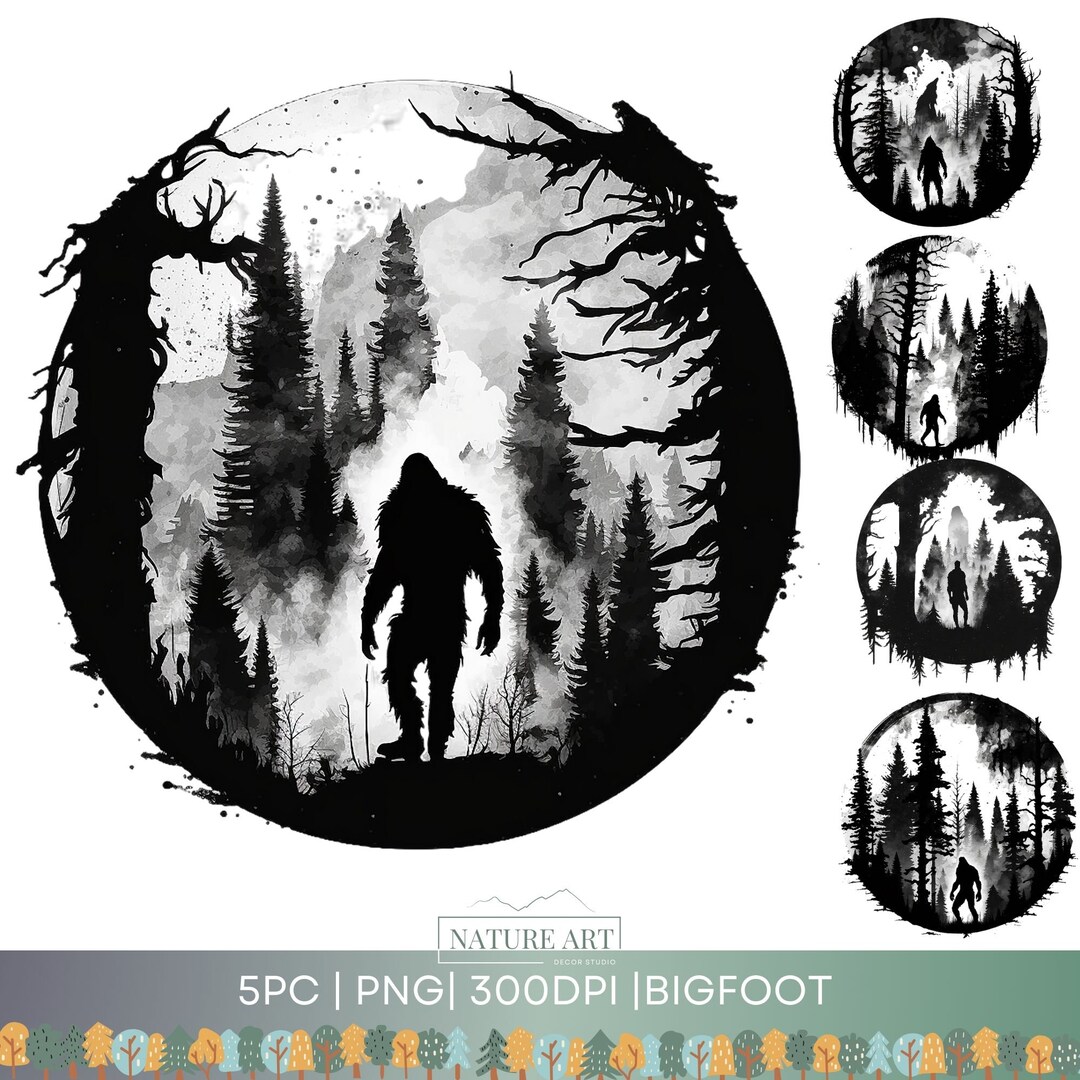 5pc Bigfoot Water Color PNG Bundle, Sasquatch Yeti Hiking Clipart, POD ...