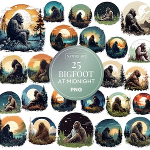 Bigfoot at Midnight PNG Bundle, Vintage Sasquatch Imges, Yeti Clipart, POD Allowed Digital Art Illustration for Commercial Use, Sublimation