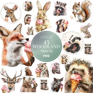 Pacchetto PNG 45pc Woodland Treats, Clipart animale acquerello, Animali che mangiano gelato Design, Animali della foresta PNG, Uso commerciale incluso