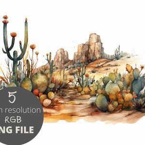 5pc Arisona Desert Water Color PNG Bundle, Arid Desert Cactus Clipart, POD Allowed Digital Art Illustration for Commercial Use, 300 dpi