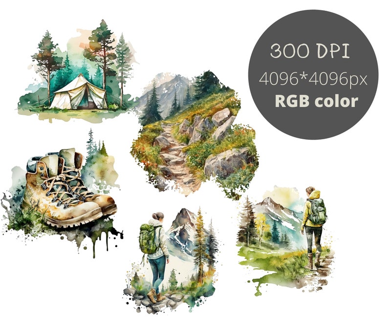 5pc Hiking Girl Watercolor PNG Bundle, Printable Wanderlust Digital