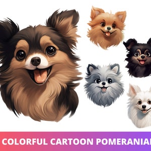 Lot de 5 têtes de Poméranie dessin animé PNG, chiot mignon POD autorisé art numérique, illustration de race de chien, usage commercial, anime sublimation