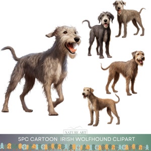 5 Stück Irischer Wolfshund Cartoon PNG Bundle, süße Welpe POD erlaubt digitale Kunst, Hunderasse Illustration, kommerzielle Nutzung, Sublimation Anime Art