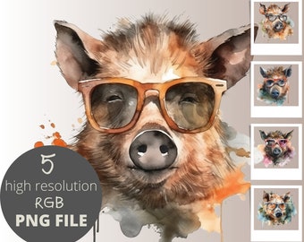 5 Boar Sunglasses Water Color Animal PNG Bundle, Woodland Animal Clipart, POD Allowed Digital Art Illustration for Commercial Use, 300 dpi