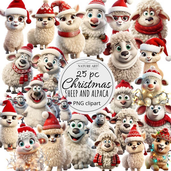 25pc Cute Cartoon Christmas Sheeps and Alpacas PNG Bundle, Cute Llama with Santa Hat POD Allowed Digital Art Clipart, Commercial Use