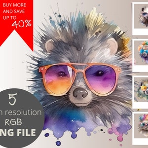 5 Hedgehog with sunglasses Water Color Animal PNG Bundle, Animal Clipart, POD Allowed Digital Art Illustration for Commercial Use, 300 dpi