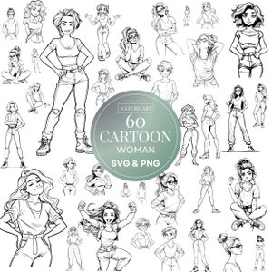 60pc Cartoon Woman Black and White SVG & PNG Bundle, Young Girl Clipart, Best Friends Design Image, Commercial Use, Cut file