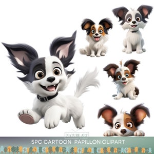 5 Stück Cartoon Papillon Hund Clipart PNG Bundle, niedlicher Hund POD erlaubt digitale Kunst, Hunderasse Illustration, Sublimationslinie Kunst