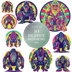 Bigfoot Silhouette Neon Retro PNG Bundle, Yeti, Sasquatch Cryptid Clipart, POD Allowed Digital Illustration, Commercial Use, Sublimation