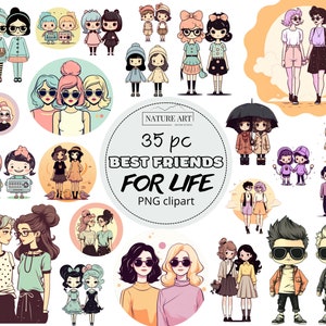 35pc Retro Cartoon Best Friends Forever PNG Bundle, Best Friends Clipart, BF Design Image, Komercyjne wykorzystanie