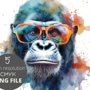 5 Gorilla Sunglasses Water Color Animal PNG Bundle, forests Animal Clipart, POD Allowed Digital Art Illustration for Commercial Use, 300 dpi
