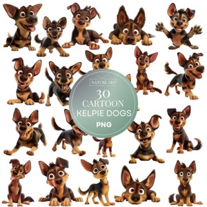 30pc Cartoon Australian Kelpie Dog Clipart PNG Bundle, Cute Dog POD Allowed Digital Art, Dog Breed Illustration, Sublimation Line Art