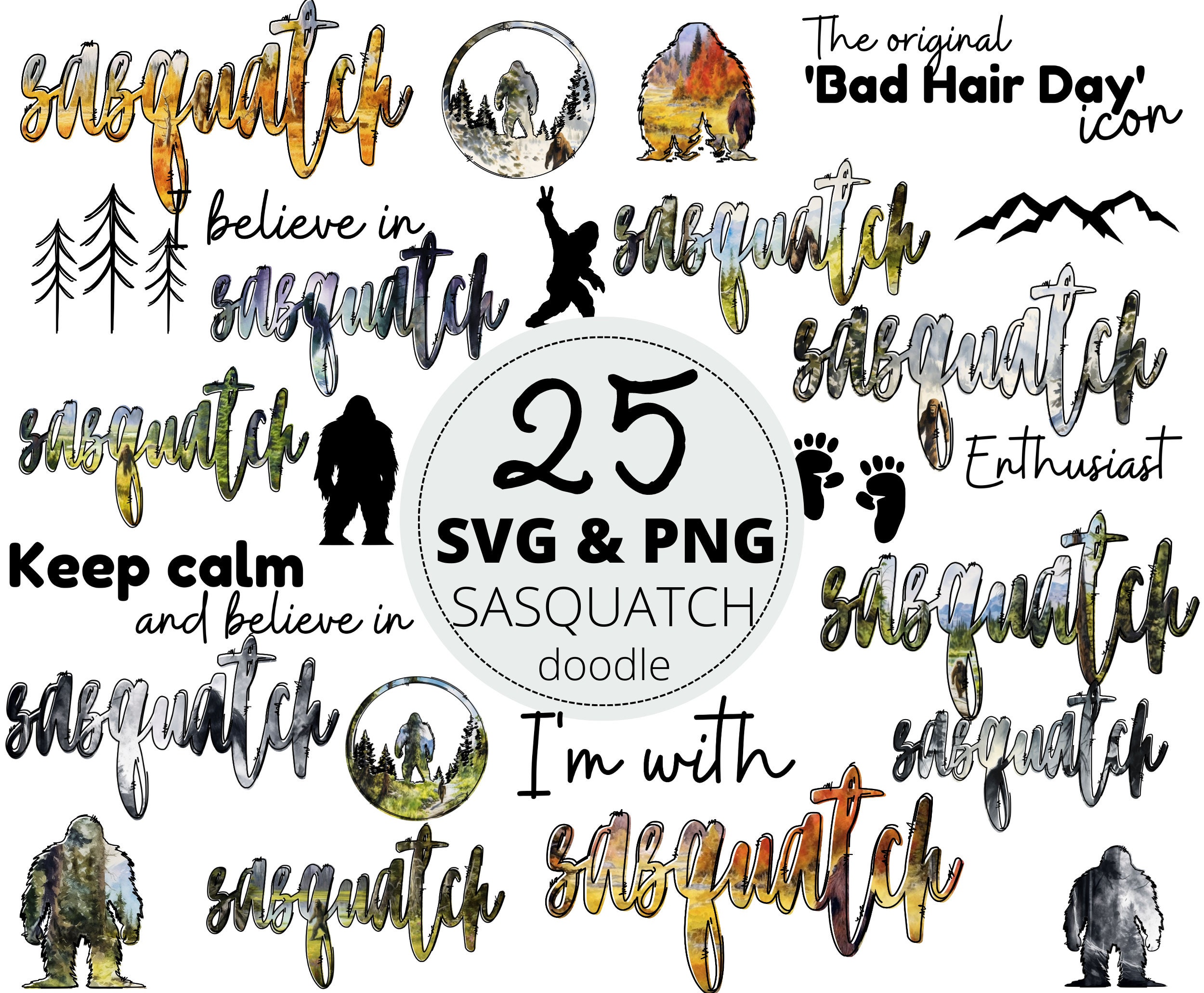 25pc Sasquatch Doodle SVG & PNG Bundle Bigfoot Cut Files - Etsy