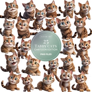 25pc Cute Cartoon Tabby Cat PNG Bundle, Cute Kitty Animal POD Allowed Digital Art, Cat Illustration, Commercial Use, Sublimation Line Art