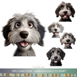 5pc Cartoon Labradoodle Dog Face Portrait Clipart PNG Bundle, Cute Dog POD Allowed Digital Art, Dog Breed Illustration, Sublimation Line Art