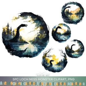 5 Stück Loch Ness Monster Aquarell PNG Bundle, Nessi Clipart, POD erlaubt Digital Art Illustration für kommerzielle Nutzung, Sublimation