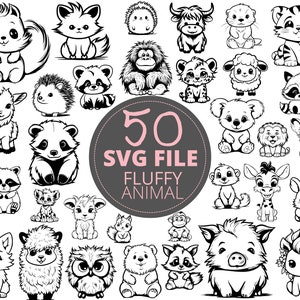 50st schattige pluizige dieren doodle SVG bundel, schattige bos dieren, Fluffi puppy, boerderij dieren SVG ontwerp clipart kwekerij afbeelding, commercieel gebruik