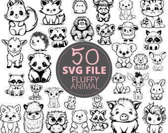 50 Stück niedliche flauschige Tier Doodle SVG Bundle, niedliche Waldtiere, fluffi Welpe, Bauernhof Tier SVG Design Clipart Kinderzimmer Bild, kommerzielle Nutzung