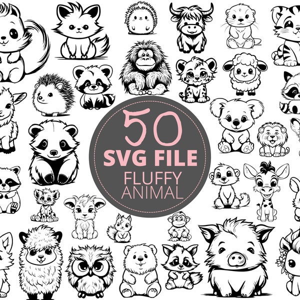 50 Stück niedliche flauschige Tier Doodle SVG Bundle, niedliche Waldtiere, fluffi Welpe, Bauernhof Tier SVG Design Clipart Kinderzimmer Bild, kommerzielle Nutzung