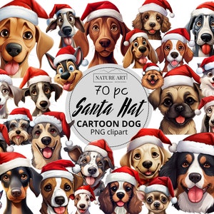 Lindos dibujos animados perros de Navidad 70 pc PNG paquete, lindo perro cachorro con sombrero de Santa POD arte digital permitido, uso comercial, imágenes prediseñadas de Santa y perro