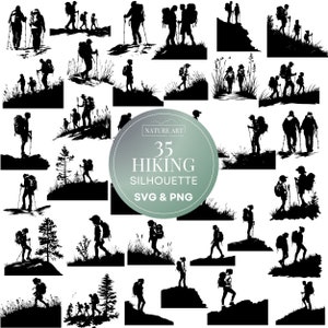 35pc wandelen silhouet SVG + PNG bundel, vrouwelijk, mannelijk en familie avontuur clipart, POD toegestaan illustratie voor commercieel gebruik, sublimatie