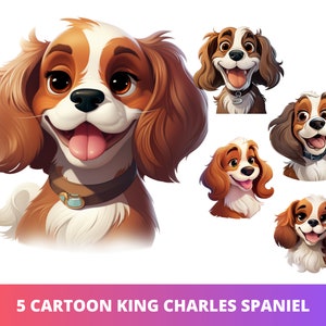 5pc Cartoon King Charles Spaniel Dog Head PNG Bundle, Cute Puppy POD Allowed Digital Art, Dog Breed Illustration, Sublimation Line Art