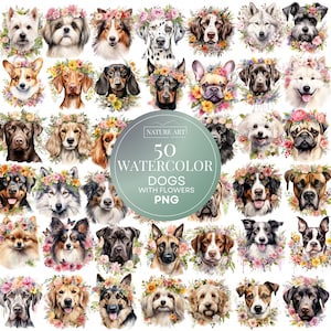 Lot de 50 PNG pour chien aquarelle floral printanier, POD pour les amoureux des chiens autorisé art numérique, illustration de race de chien, usage commercial, art de la sublimation