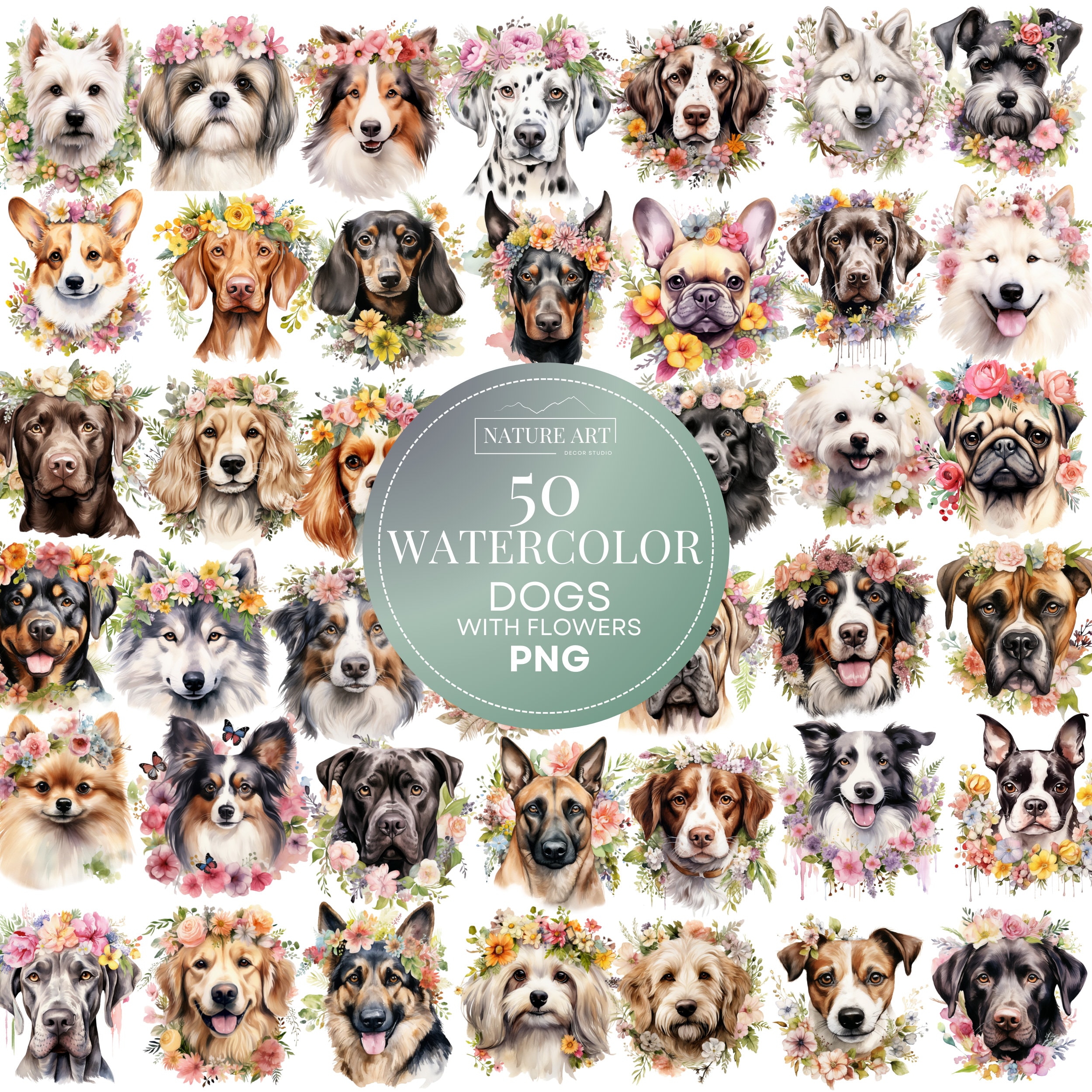 50pc Spring Floral Watercolor Dog PNG Bundle, Dog Lover's POD Allowed Digital Art, Dog Breed Illustration, Commercial Use, Sublimation Art