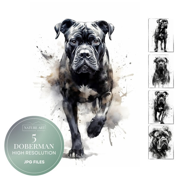 5pc Cane Corso Grayscale Watercolor JPG Bundle, Black & White Dog Clipart, POD Allowed Digital Art Illustration for Commercial Use, 300 dpi