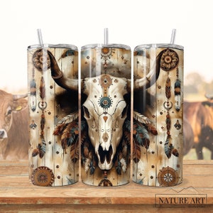 Paquete PNG de envoltura de vaso occidental de cráneo de vaca de 10 piezas, envoltura de vaso flaco estilo boho country de 20 oz, uso comercial, diseño de vaso de sublimación