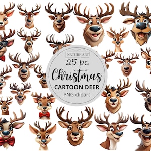 25 Stück niedliche Cartoon Hirschkopf PNG Bundle, Weihnachten Rentier Tier POD erlaubt digitale Kunst, Weihnachtsmann Hirsch Illustration, kommerzielle Nutzung