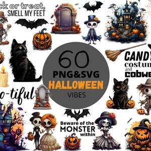 60pc Halloween Vibes Image PNG&SVG Bundle, Autumn, Fall Scary Clipart Images, Cricut Silhouette Cut File, Commercial Use, Digital Download