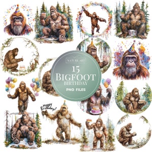 15p PNG Aquarell Bigfoot Geburtstag Bundle, Sasquatch Bilder, Yeti Clipart, POD erlaubt digitale Kunst, Illustration für kommerzielle Nutzung