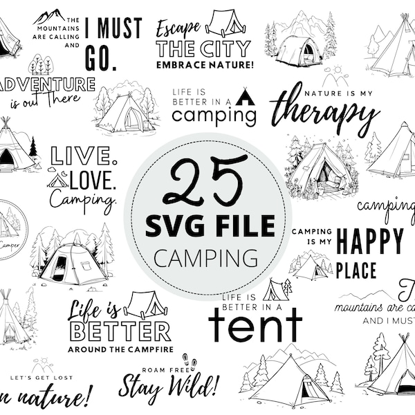 25pc Camping SVG Bundle, Outdoor Tent Cut Files, Camping Glamping Lover Svg Design Image Decal Svg, Commercial Use, Cricut Cut file