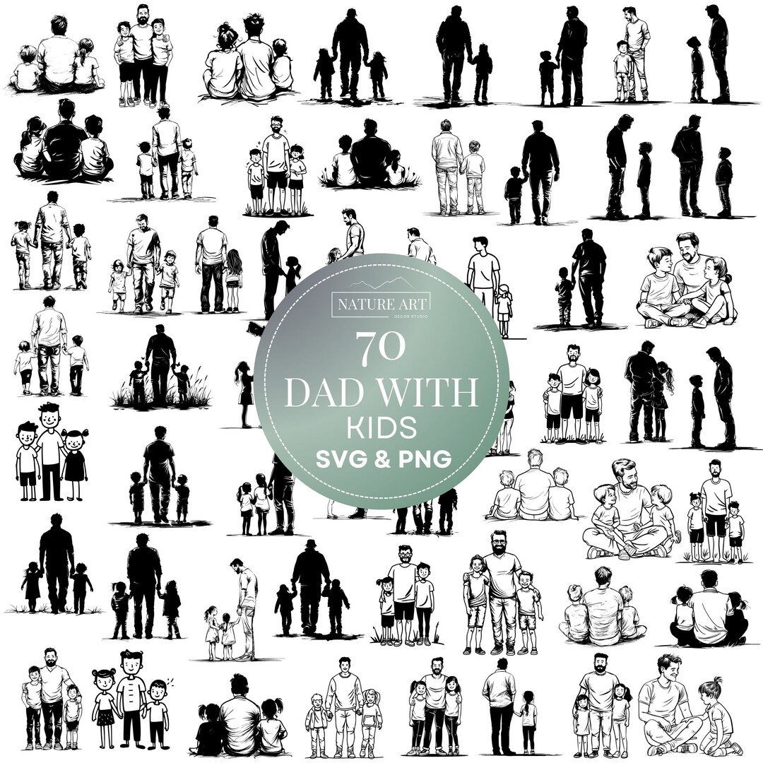 70pc Dad and Kids Doodle SVG & PNG Bundle, Cute Father and Me, Daddy ...