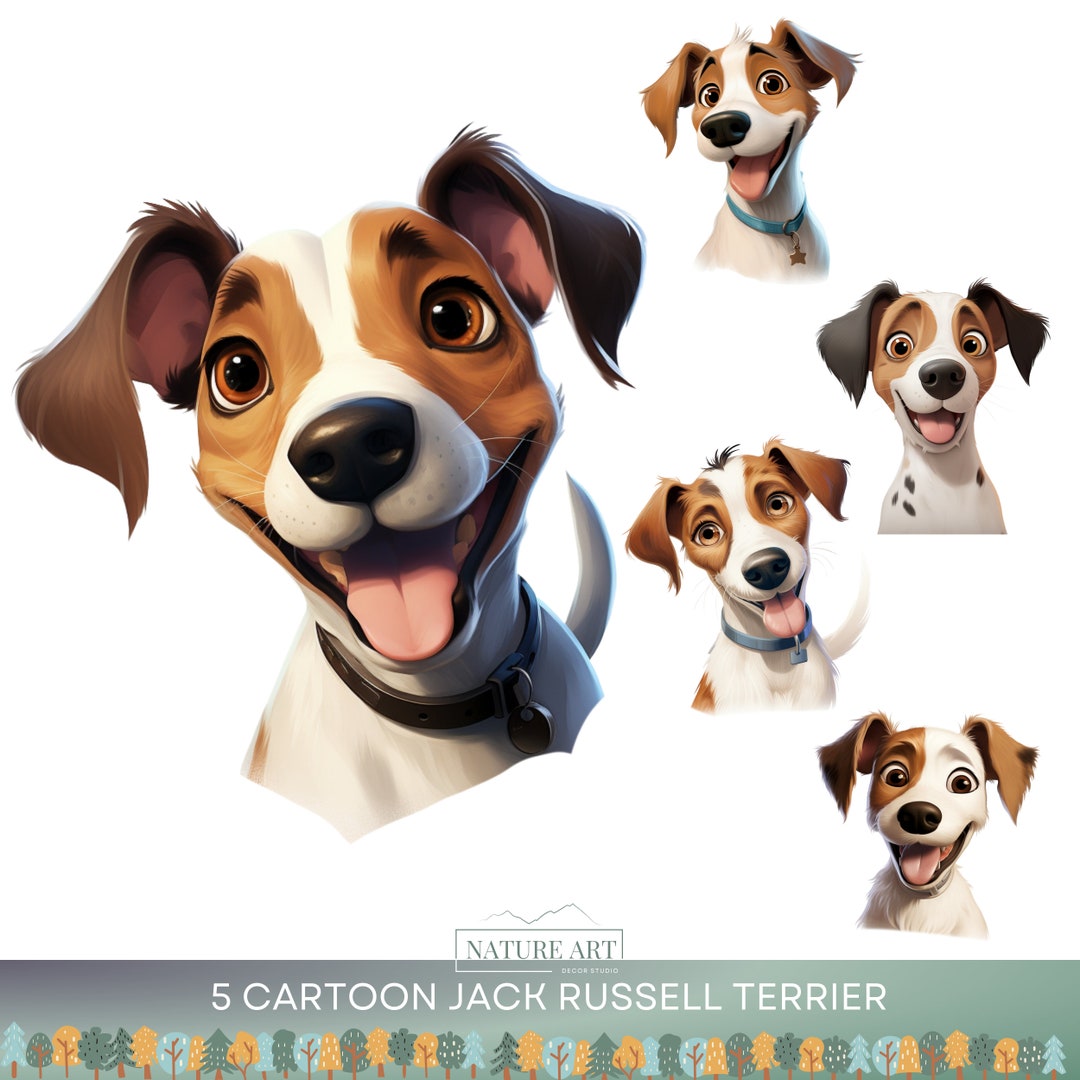 5pc Cartoon Jack Russell Terrier Dog Head PNG Bundle, Cute Puppy POD ...