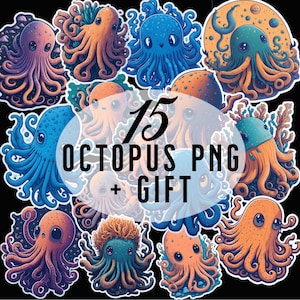 15 PNG High Quality Digital Octopus Clipart, 300 DPI, Cute Colorful Sea-Monsters, Baby Octopus, Printable Clipart, Transparent Background