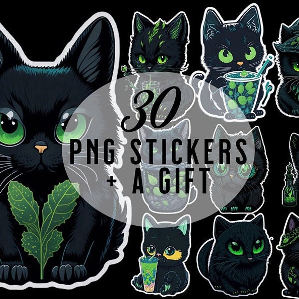 30 PNG Black Cat Digital Clipart + Gift, 300 DPI, High Quality and Resolution, Transparent Background, Black Cats with Green Eyes, Stickers