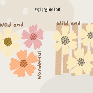 May include: Digital graphic featuring floral designs in pastel colors. The image includes the words "Wild and Wonderful" in a playful font. The design incorporates flowers in yellow, pink, and orange, with a neutral background.