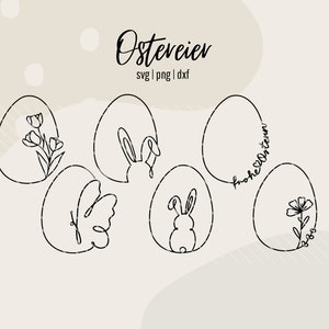 Könnte beinhalten: Ein Set aus fünf Schwarzweiß-Linienzeichnungen von Ostereiern. Jedes Ei zeigt ein anderes Design, darunter ein Schmetterling, ein Hase, eine Blume und der Text "Frohe Ostern".