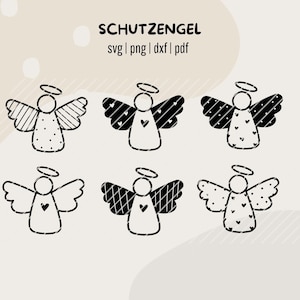 Könnte beinhalten: Schwarz-weiße Engel-SVG-Designs mit verschiedenen Flügelmustern und Herzdetails. Das Bild enthält den Text "SCHUTZENGEL" und Informationen zum Dateityp: svg | png | dxf | pdf.