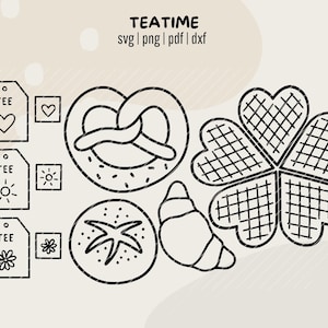 Op de afbeelding: Zwart-wit illustratie met de tekst "TEATIME" en diverse ontwerpen. Bevat een pretzel, een hartvormige wafel, een croissant en labels met harten, zonnen en bloemen.