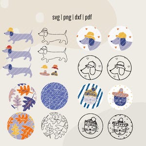 May include: An illustration featuring various dachshund dog and cat designs. The dogs are depicted in different poses and wearing hats. The image also includes circular designs with leaf patterns and animal faces, all in a playful, cartoon style. Text at the top reads "SVG | PNG | DXF | PDF".