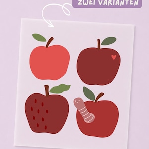 May include: A square print featuring four stylized red apples with green leaves. One apple is bright red, one is dark red with a small heart, one has brown spots, and one features a small pink worm. A purple label at the top reads ERHÄLTLICH IN ZWEI VARIANTEN.