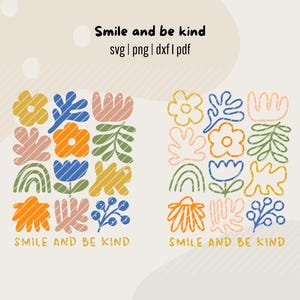 Può includere: Due disegni floreali colorati con la scritta "Smile and be kind". I disegni presentano vari fiori e forme di foglie in arancione, blu, giallo, rosa e verde. Il testo è in stile scritto a mano.