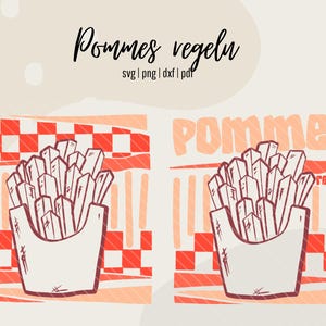 May include: Illustration of two portions of chips in a white container. The image has a retro style with a red and white checkered pattern and the text "Pommes vegeln" in a handwritten font.
