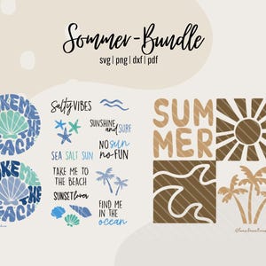 Könnte beinhalten: Ein digitales Sommer-Bundle mit verschiedenen Grafiken und Textelementen. Enthält kreisförmige Designs mit "Take Me To The Beach", Text mit "Salty Vibes", "Sunshine and Surf", "Sea Salt Sun" und "Find Me In The Ocean".