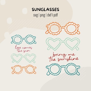 May include: An illustration featuring various sunglasses designs in orange and teal. The text "SUNGLASSES" is at the top, with file type options below. Two phrases, "here comes the sun" and "bring me the sunshine," are included.