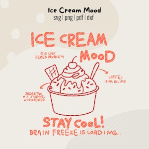 May include: A digital illustration with the text "Ice Cream Mood" and a drawing of an ice cream sundae. The image includes phrases like "Stay Cool!" and "Brain Freeze is Loading..." in a playful, hand-drawn style.