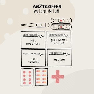 Puede incluir: Ilustración digital con elementos médicos. Incluye un termómetro, tiritas y tarjetas de receta con texto en alemán. También se muestran pastillas y un símbolo de cruz roja. El texto "ARZTKOFFER" está en la parte superior.